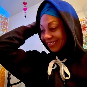 Black cut off long sleeved hoodie sweater with white drawstring